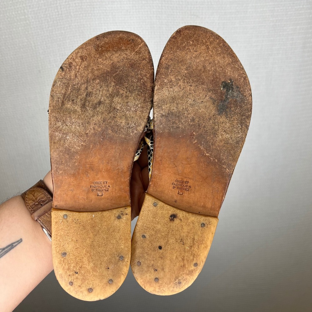 K. Jacques St. Tropez Women Snakeskin Strappy Leather Sandals Yellow Tan Size 37 - Picture 4 of 6